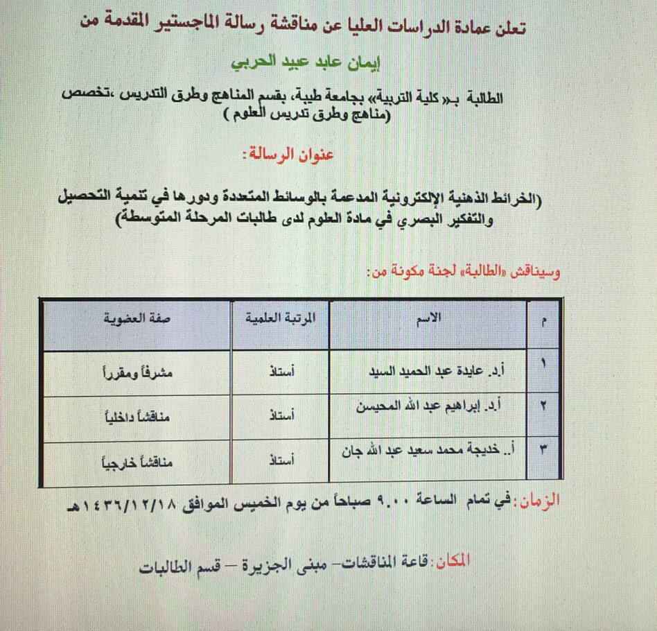 شارك المشرف العام في رسالة ماجستير بجامعة طيبة يوم الخميس الموافق 1436/12/18هـ